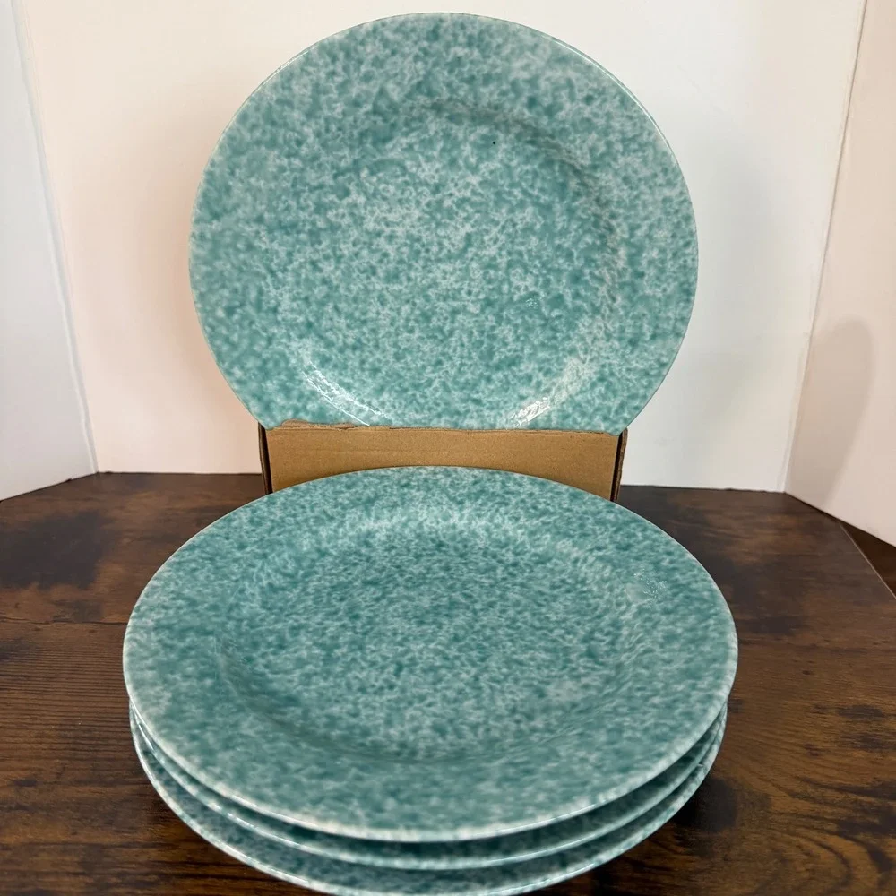 My Place My Space Teal Spongeware Salad Plates Set of 4 Ceramic 8 Inch Round